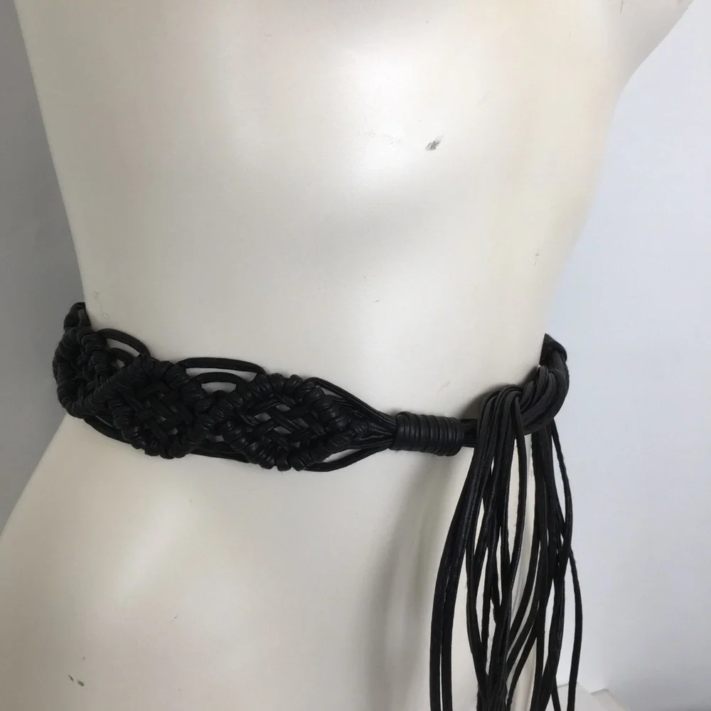 Vintage Black Leather Macrame Woven Belt Boho Fringe